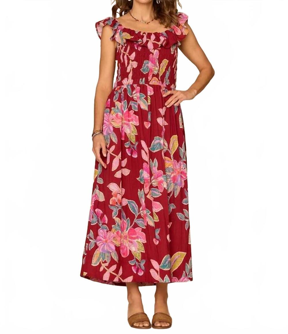 NEW DEMOCRACY ruffle cap sleeve smocked waist floral woven dress in deep scarlet